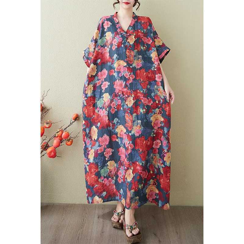 Women's Vintage Long Dress with Cotton and Linen Patterns