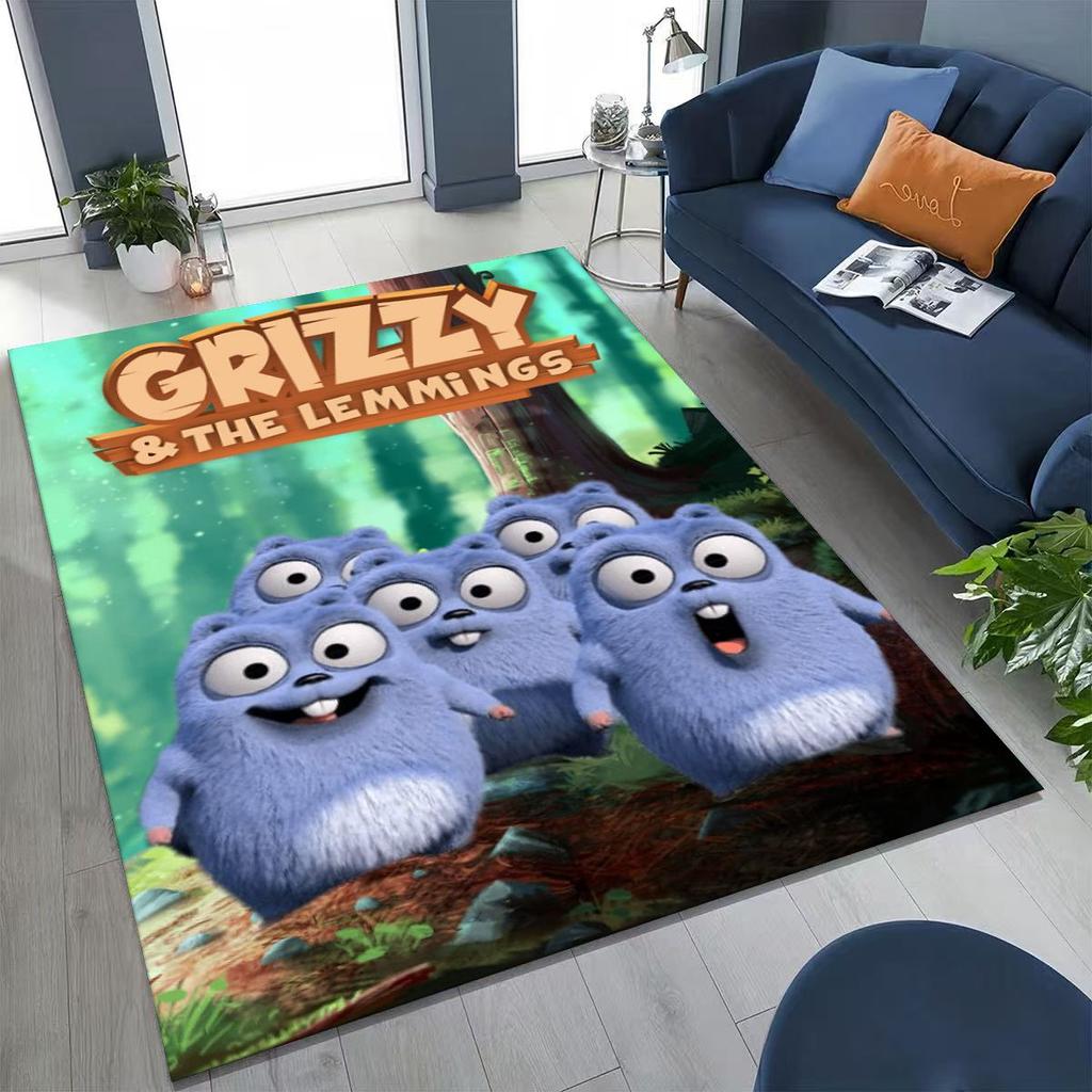 Covor amuzant Grizzy și Lemingii Desen Animat pentru Dormitor Sufragerie Canapea Preș de Intrare Decor, Covor Mare Non-alunecos pentru Joacă Copii
