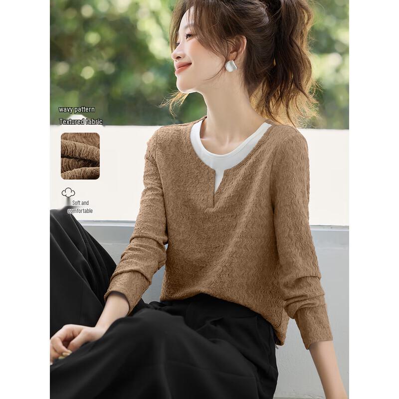 

Mohan Yimei Casual Textured Patchwork Long Sleeve T-Shirt