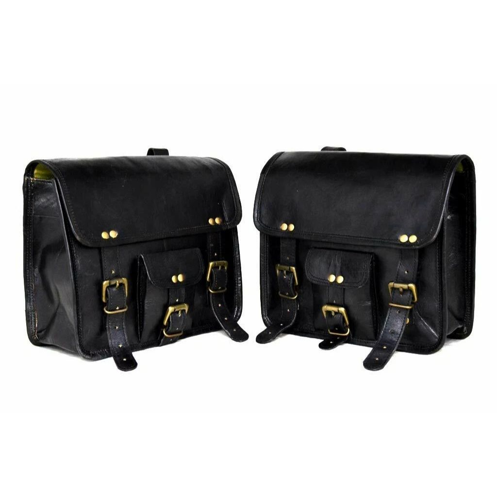 Left & Right Saddlebags Motorcycle Pouch Black Leather Two Panniers Saddle Bags