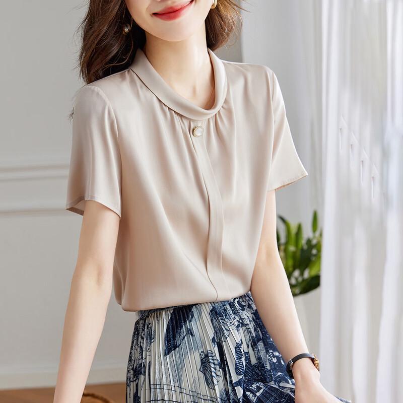 

Srcr Women s Elegant Pleated Mulberry Silk Short Sleeve T-Shirt XL