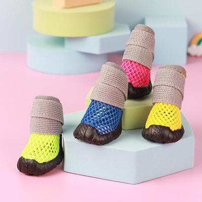 Pet Small Dog Shoes Spring and Summer Hollowed Out Breathable Elastic Soft Stick Not Off Shoes Wear-resistant 4 Soft Soles Non-slip