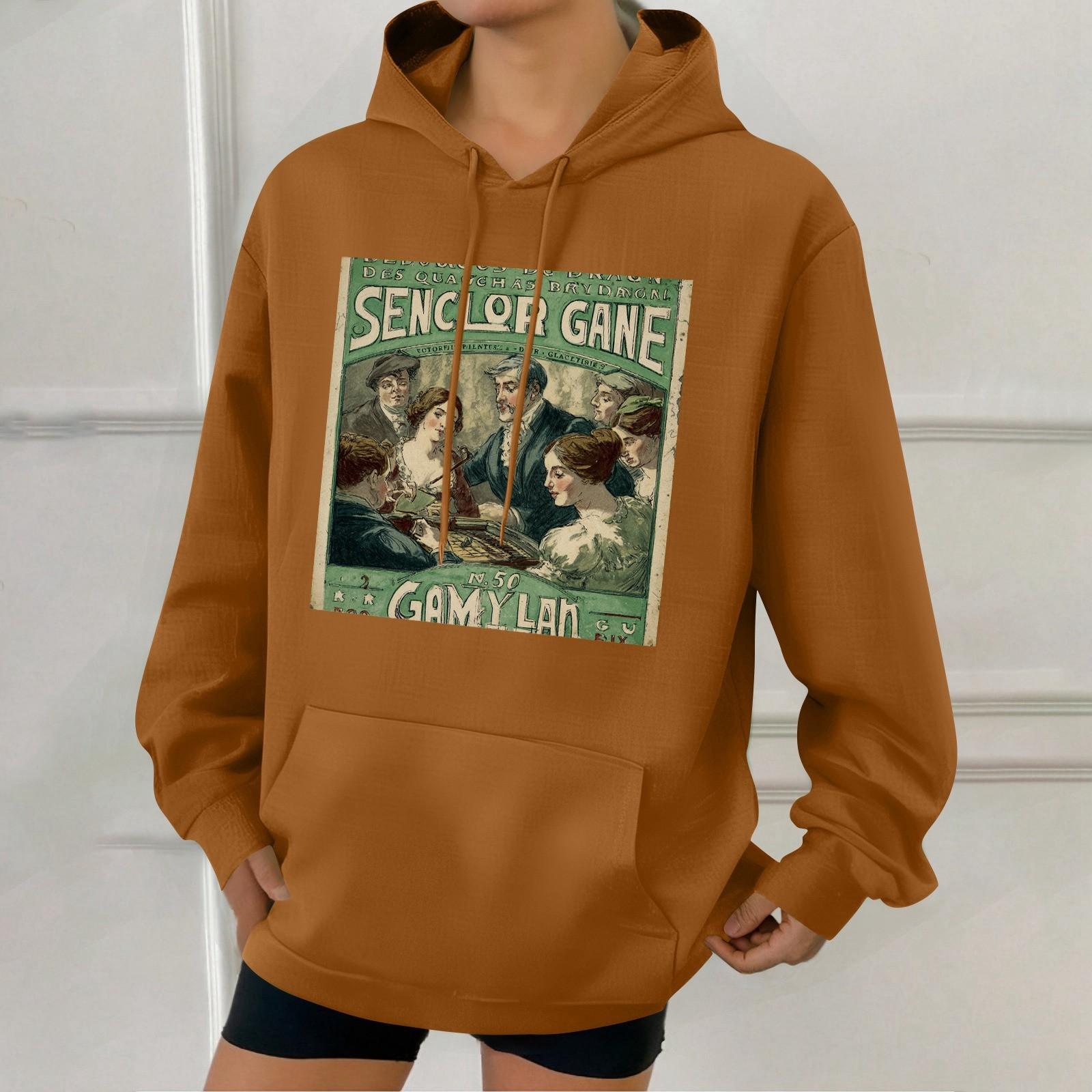 

Women s Fashion Retro Printed Casual Hooded Sweatshirt With Pockets L коричневий