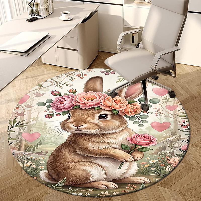 1PC Floral Bunny Non-Slip Floor Round carpet, Office, family, bedroom, Large Area Rug Indoor Rugs,  Durable Polyester-L0413