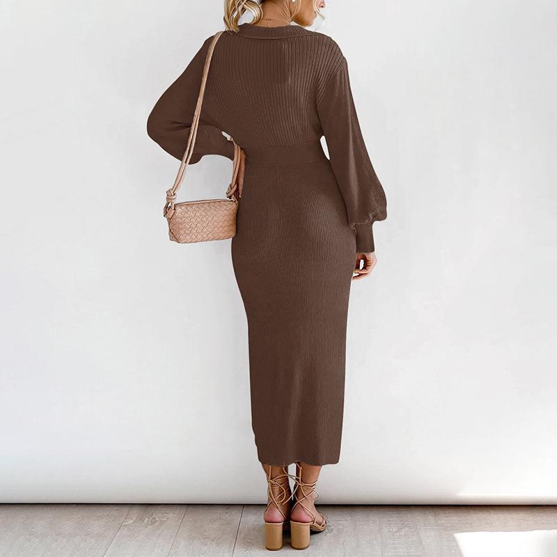 2026 New Autumn and Winter Elegant Retro Light Mature Style Lantern Sleeves V-neck Solid Color Knitted Sweater Skirt