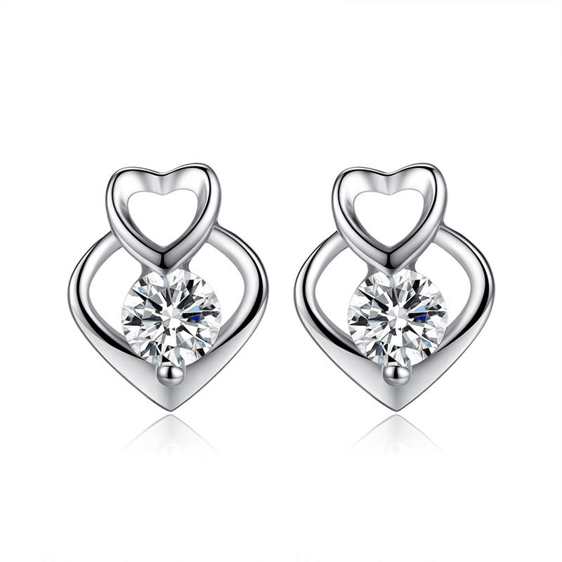 S925 Sterling Silver Korean Heart Stud Earrings with Zircon for Women
