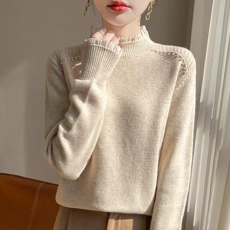 Women's Lace Collar Sweater Loose Soft Stand Collar Knit Top Beaded Knit Pullover Fall/Winter