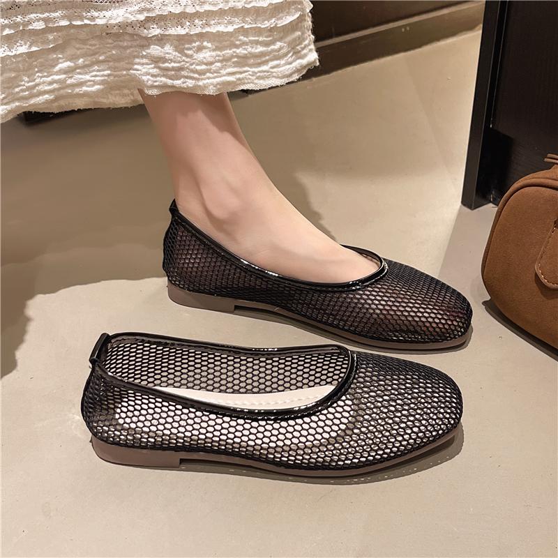 Single Shoes Women Fashion Square Head Shallow Mouth Mesh Cloth Shallow Mouth Soft Sole Anti-slip Wear-resistant Flat Shoes