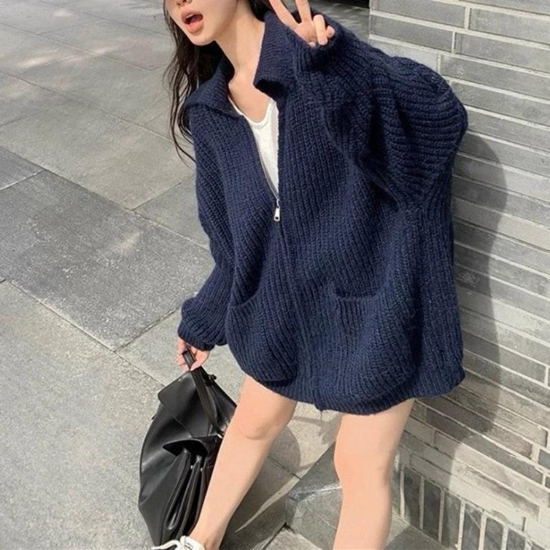 Simple Casual Lapel Zipper Knitted Cardigan Women's Clothing Autumn and Winter New Soft Waxy Loose and Thin Sweater Jacket