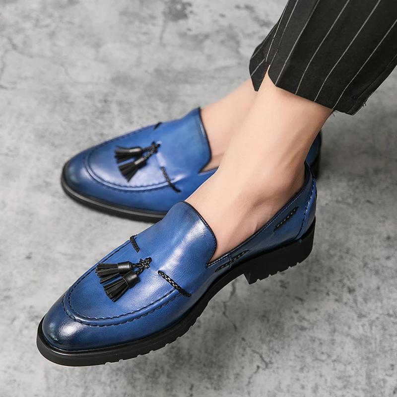 Fashion Men Leather Driving Shoes tassel Black Blue Slip On loafers spring Summer Men Leather moccasins outdoor club pary shoes men