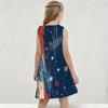 Girls Round Neck Sleeveless Printed A Line Flared Dress Navy Blue Red Gold
