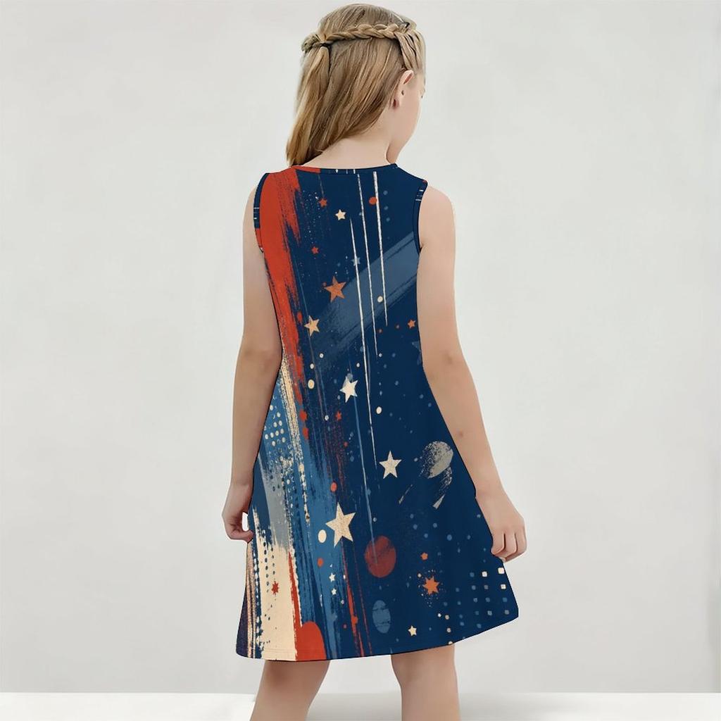 Girls Round Neck Sleeveless Printed A Line Flared Dress Navy Blue Red Gold