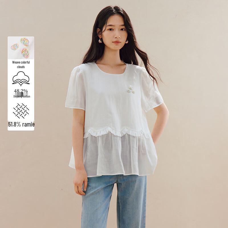 Inman Ruffle Ramie Cotton Short Sleeve Top L