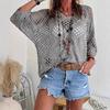 Women Tops V-Neck Three-quarter Sleeves Loose Fit Knitted Tops Pure Color Hollow Design Summer Casual Blouse