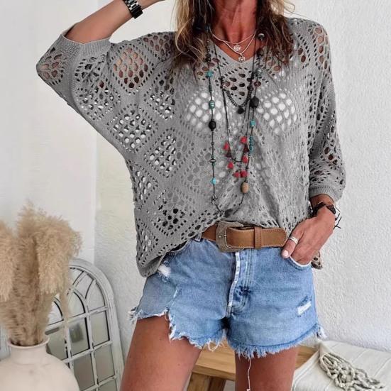 Women Tops V-Neck Three-quarter Sleeves Loose Fit Knitted Tops Pure Color Hollow Design Summer Casual Blouse