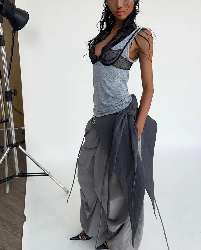 Women's American Street Grey Wide-Leg Scimitar Pants - Spring 2025 Sporty Casual Design