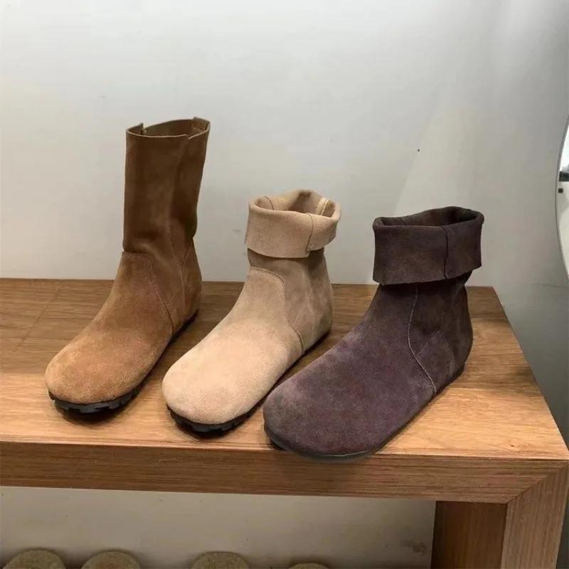 Fashion Retro Work Boots 2024 New Soft Bottom Sleeve Boots Flat Bottom Round Head Short Single Korean Edition Fashion Bare Boots 2025