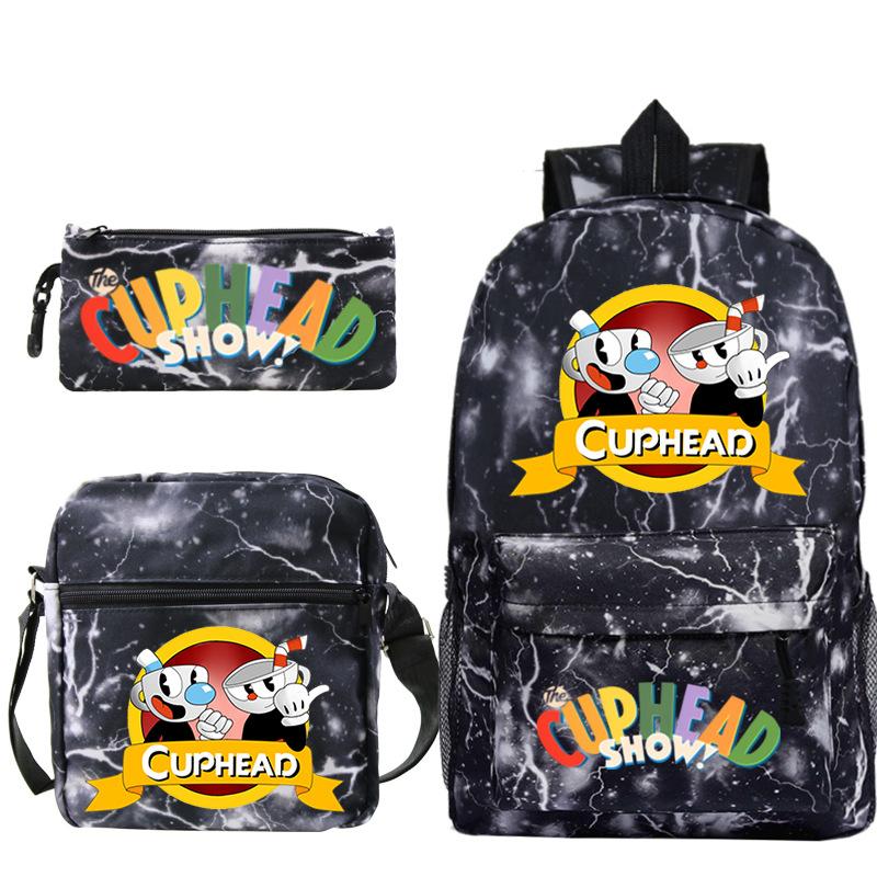 Cartoon Teacup Head Cuphead Student School Bag Backpack Three-piece Set Children's Shoulder Bag Pencil Bag