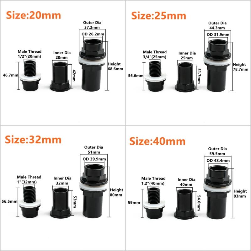 20~50mm Black PVC Pipe Thicken Connector Water Tank Inlet Outlet Joint Drain Irrigation Adapter Joint Aquarium Tank Accessories