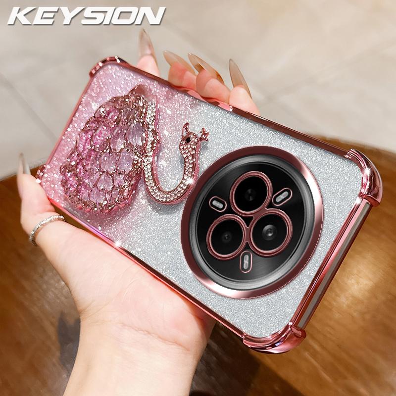 KEYSION Shockproof Plating Phone Case for Realme 14 Pro 5G Clear TPU Glitter Jewelled Swan Kickstand Back Cover for OPPO Realme 14 Pro+ 5G