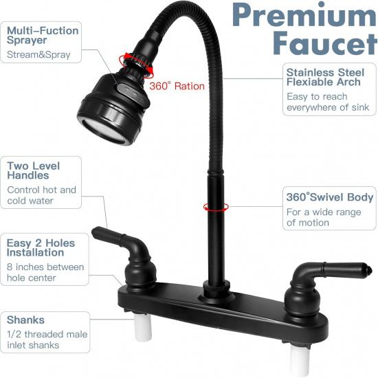 RV Kitchen Faucet,Camper RV Kitchen Sink Faucet Replacement With 2 Handles Flexible Spout 360 Swivel Rotatable Tri-Function Sprayer For