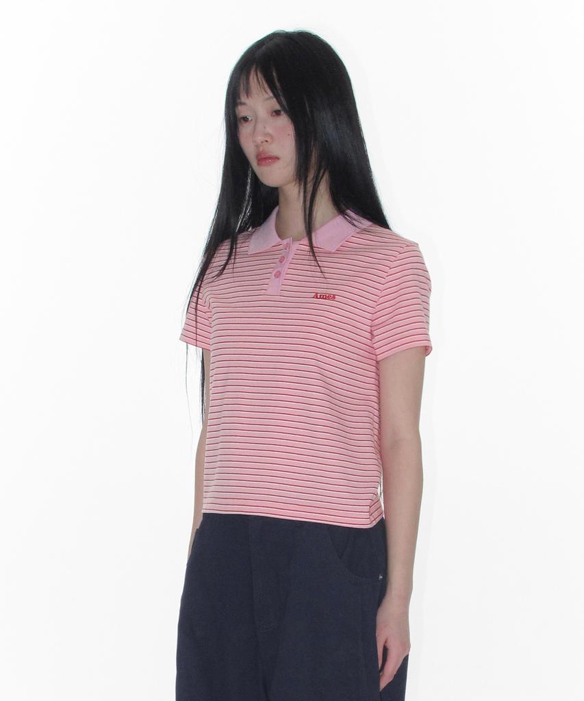 AMES-WORLDWIDE Basic Stripe Collar Tee Pink