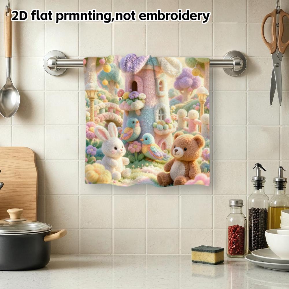 Pastel Fuzzy Windmill Garden Towel, Soft Absorbent Bath Towel, Bunny Bear Bird Floral Print, Quick Dry Decor Hand Towel