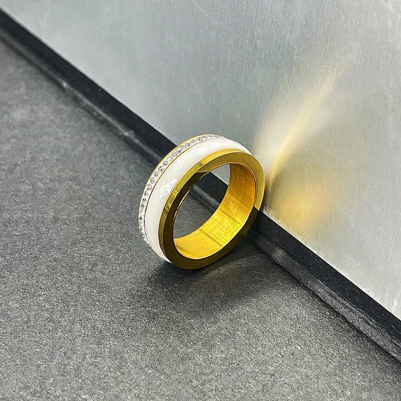 European-American Inlaid Diamond Black Ceramic Couple Ring: Rotatable Stainless Steel