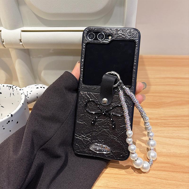 Folding Screen Flip Leather Phone Case for Samsung Zflip6 Portable Rope OPPOFindn3Flip Bow