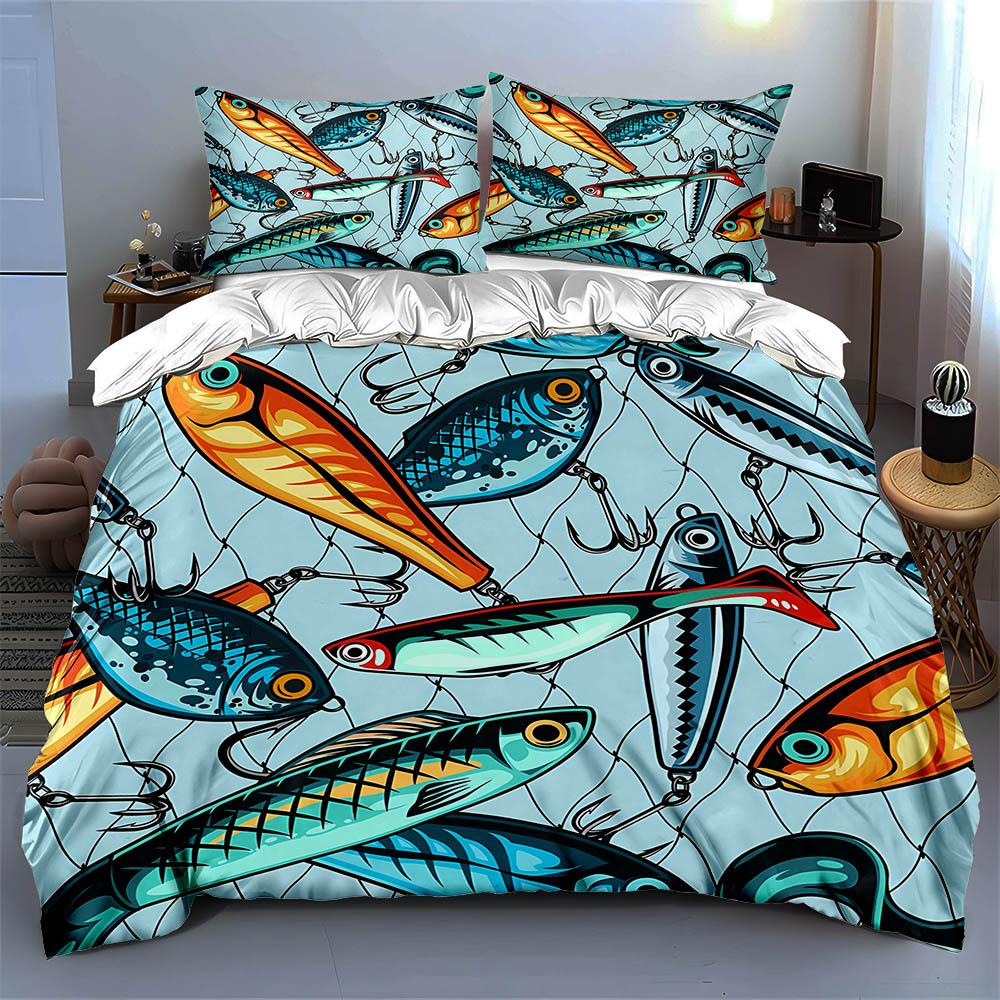 Fishing Lure Pattern Bedding Duvet Cover Sets Duvet Covers Pillowcases, Birthday Gifts (1 * Duvet Cover 2 * Pillowcases, Without Duvet Insert)