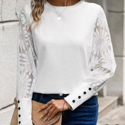 Cămașă supradimensionată la modă de toamnă pentru femei, cu mânecă lungă, broderie, dantelă, patchwork, dungi fine, top cu gât rotund