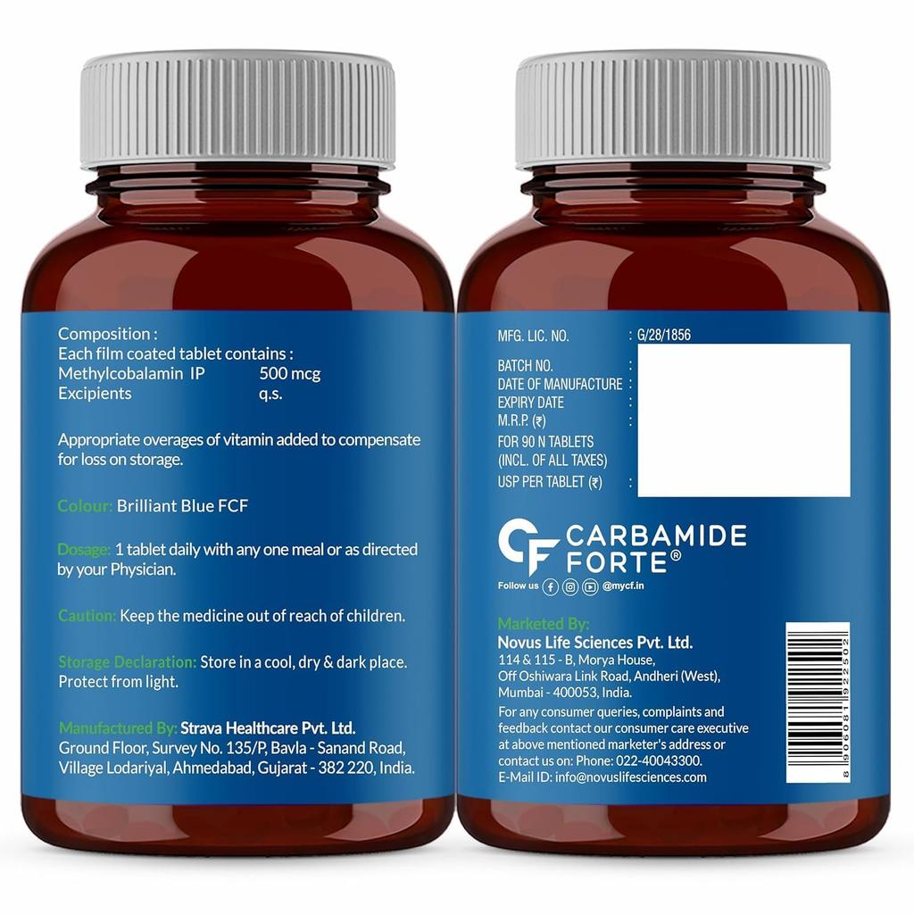 Carbamide Forte Vitamin B12 Tabletten 500mcg Nahrungsergänzungsmittel für Männer & Frauen 90 Veg-Tabletten Tägliche Energie