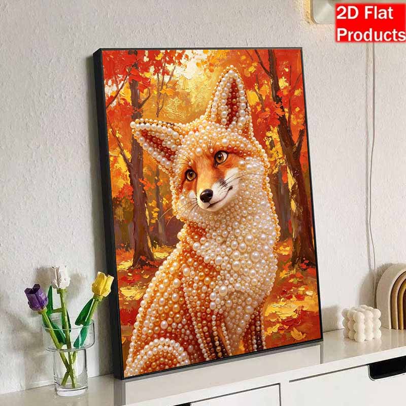 Sparkling Pearl Painting on Stretched Frame Autumn Fox Art DIY Bead Craft Canvas Relaxing Hobby Gift for Craft Lovers Creative Home Decor Project