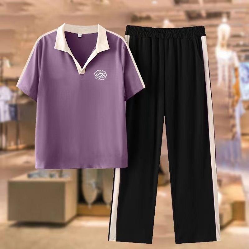 Fashionable Ice Silk Sports Suit for Women in Spring, Autumn and Summer, Slim Mother's Style Casual Pants Two-piece Set