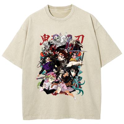 Japan Anime Demon Slayer Kamado Nezuko Tanjirou Print Washed Tshirt Men Women Cotton T-shirts Manga T Shirt Harajuku Male Tops