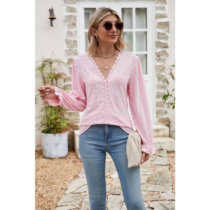 Vår og høst damebluse Ensfarget blonder patchwork V-hals løs langermet topp