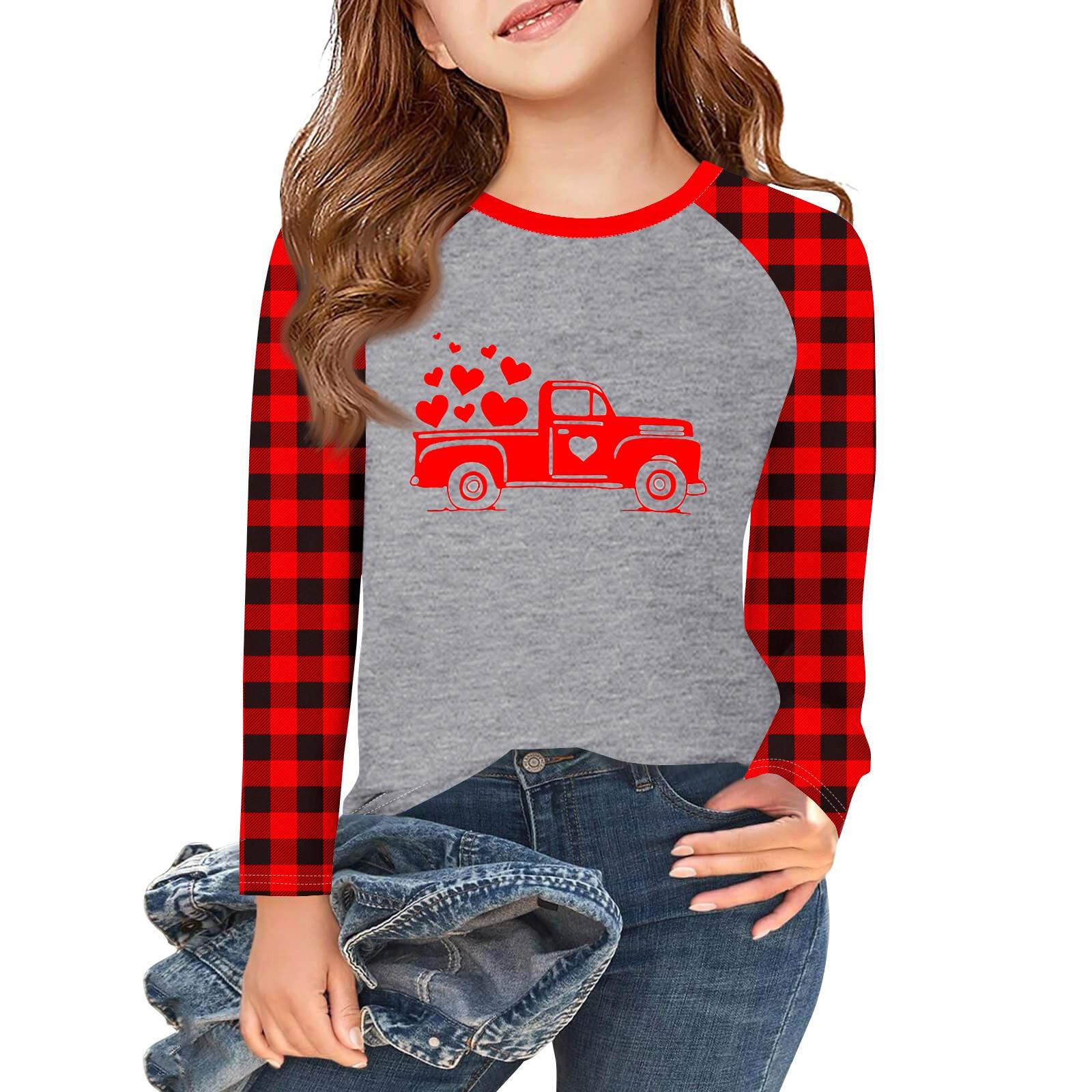 

Футболки с длинным рукавом для девочек Love ко Дню святого Валентина, детские осенние топы с круглым вырезом, базовые футболки для детей 5-14 лет 10