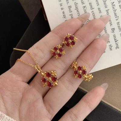 Ruby Red Four-Leaf Clover Necklace & Ring Set for Women