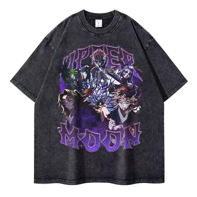 Anime Demon Slayer T Shirts Vintage Washed Kimetsu No Yaiba Tshirt Short Sleeve Manga Kokushibou Akaza Douma Top cotton Tee M