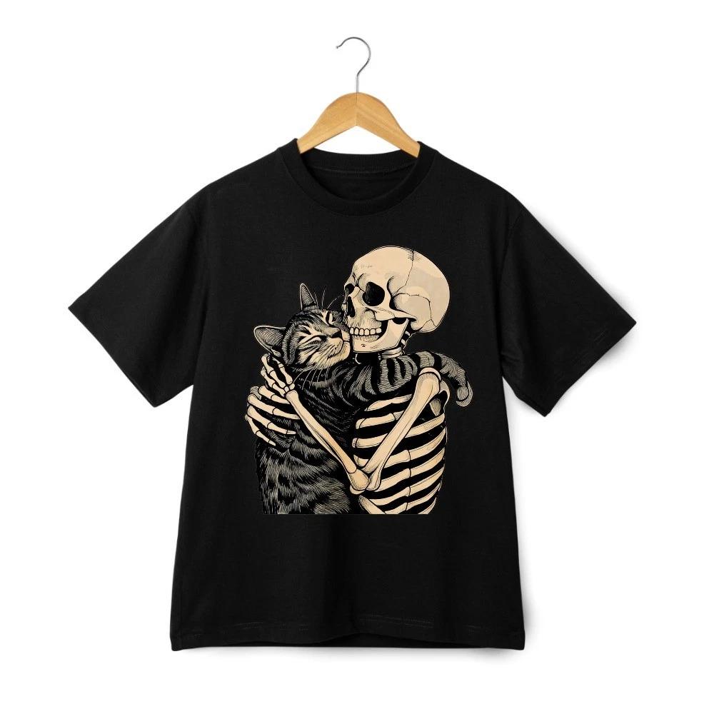 Gothic Skeleton Cat T-Shirt Skull Hugging Cat Dark Art Graphic Streetwear Tee S
