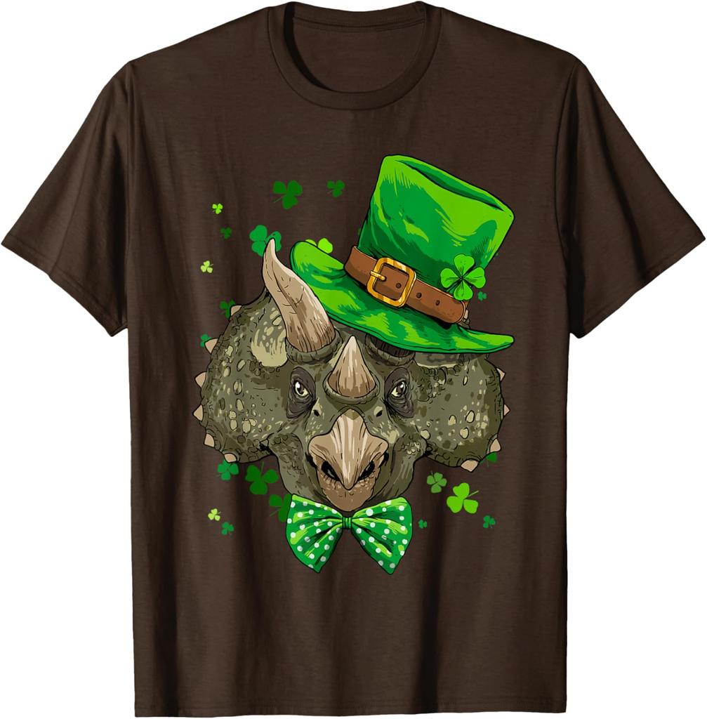 Triceratops Leprechaun St Patricks Day Graphic Tee Men Women Cotton Casual T-Shirt