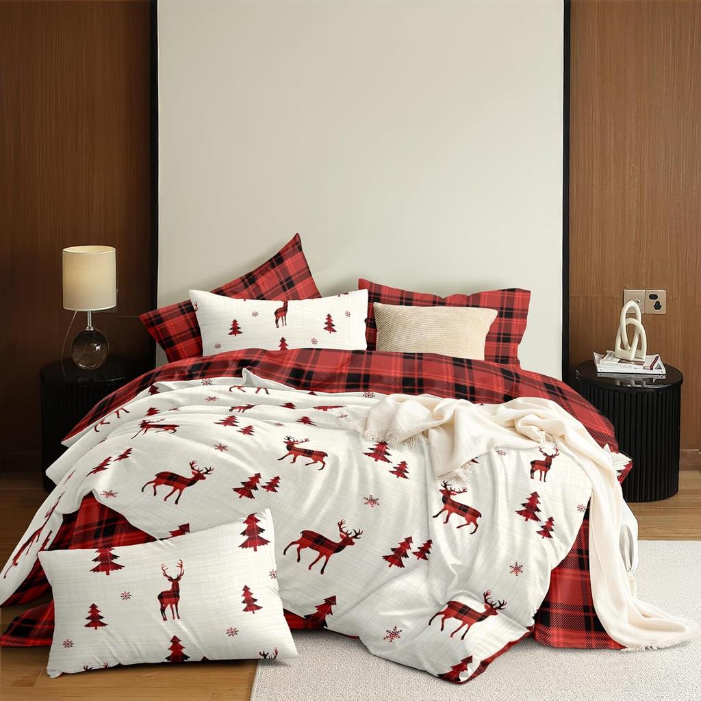 Christmas Duvet Cover Holiday Bedding Set Reversible Red Reindeer Christmas Tree Buffalo Check Plaid Duvet Cover Xmas Gifts