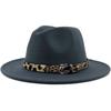 Fashion leopard print belt woolen top hat ladies jazz hat autumn and winter versatile felt hat flat edge top hat church hat