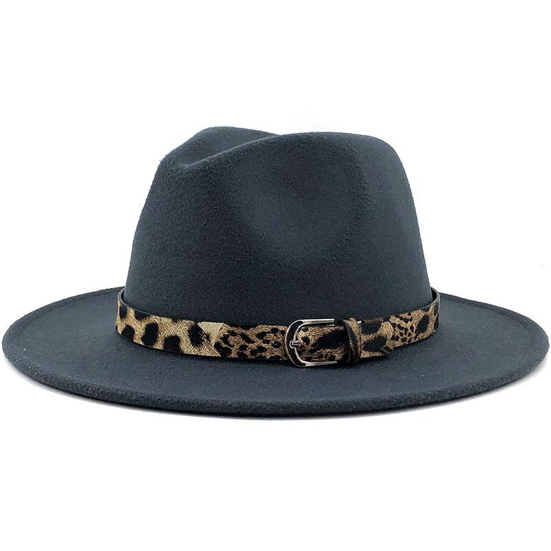 Fashion leopard print belt woolen top hat ladies jazz hat autumn and winter versatile felt hat flat edge top hat church hat