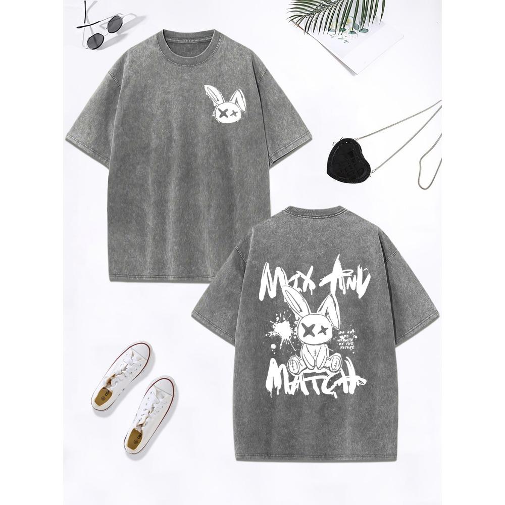 Match Rabbit Graffiti Printing Washed T-Shirt Womens Cotton Oversized Tops Comfortable Distressed O-Neck T Shirt Clothes
