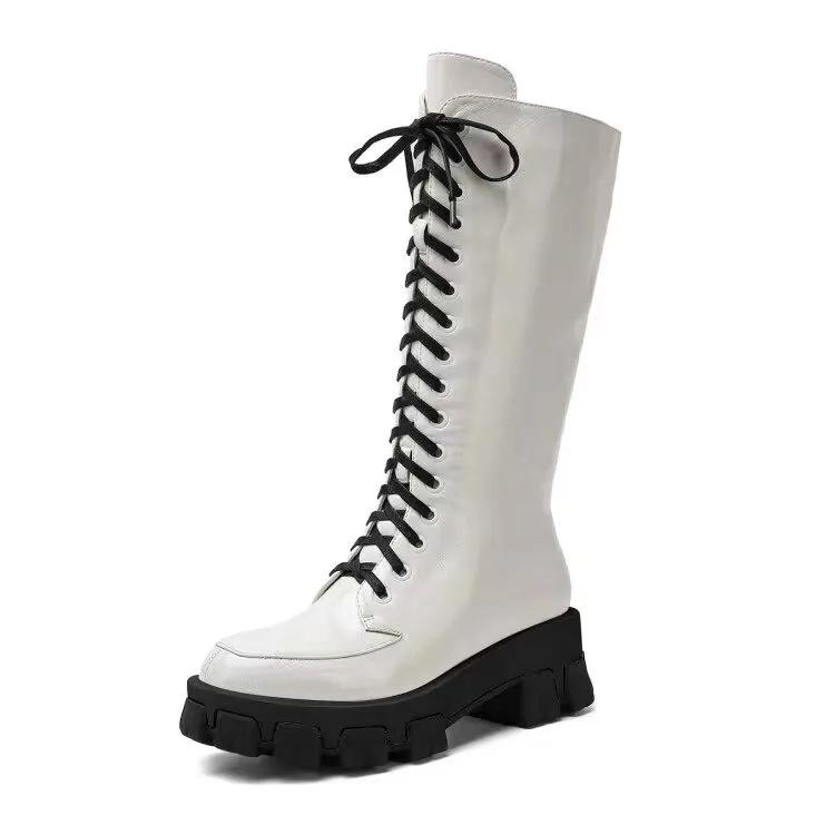 Mode Neue Schwarze Rote Kreuzriemen Dicke Sohle Höhenvergrößernde Lange Stiefel Herbst Winter Mode Plüsch Warm Damen Kniehohe Stiefel 34-43