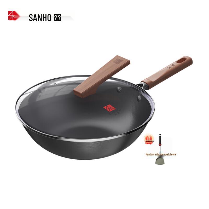 SANHO 32cm Nitrogen Anti-Rust Non-Stick Flat Bottom Iron Wok