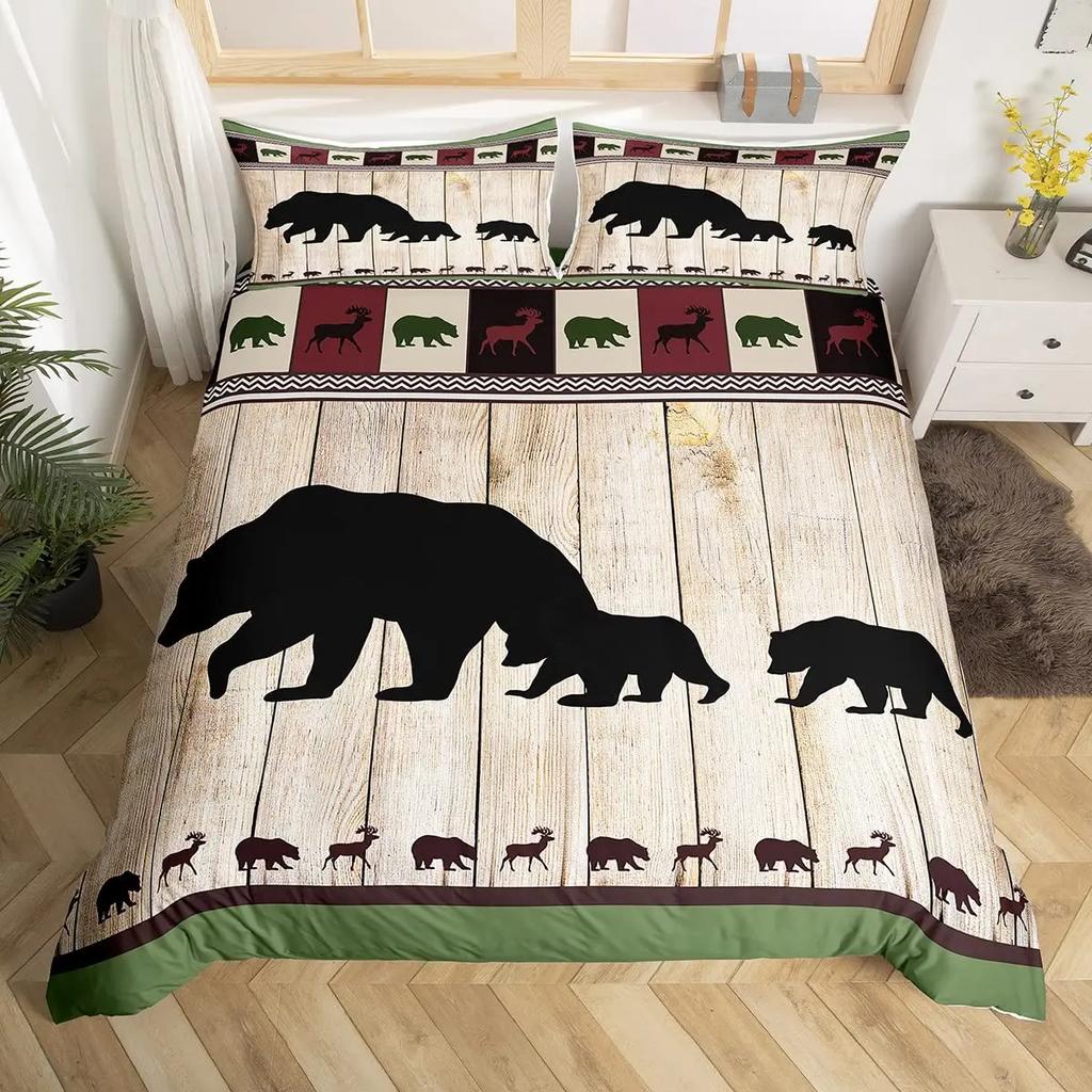 Black Bear Deer Bedding Set Woodland Animals Elk Moose Wildlife Hunting Country Lodge Cabin Duvet Cover Set Queen Comfortable