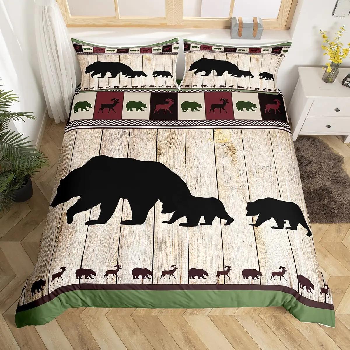 

Black Bear Deer Bedding Set Woodland Animals Elk Moose Wildlife Hunting Country Lodge Cabin Duvet Cover Set Queen Comfortable EU Single(135*200cm)3pcs