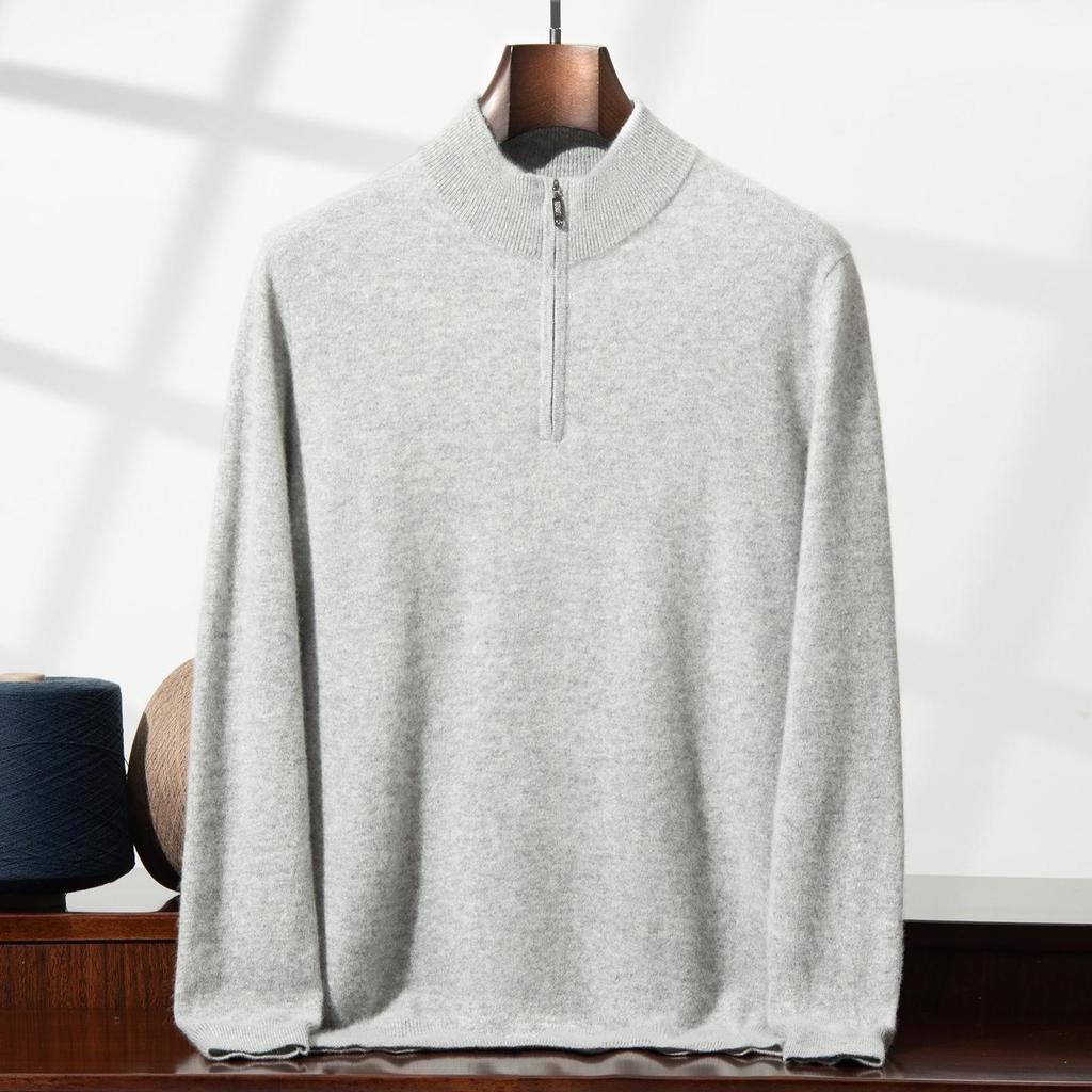 Eleganter Herren-Halbreißverschluss-Kaschmirpullover, einfarbige Strickware mit Stehkragen, Business Casual Pullover
